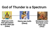 God of Thunder is a Spectrum Weak ass mofo that gets beaten Horny ass mofo (Zeus) by every other guy (Indra) Strong ass mofo that beats every other guy (Thor)