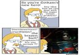 So you're Gotham's new hero! Any idea how we can deal with the super villian problem? Disembowelment? crucifixion? the brazen bull? scaphism?!? Are you serious ?!? @glasshouses