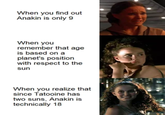 When you find out Anakin is only 9 When you remember that age is based on a planet's position with respect to the sun When you realize that since Tatooine has two suns, Anakin is technically 18