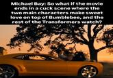Michael Bay: So what if the movie ends in a cuck scene where the two main characters make sweet love on top of Bumblebee, and the rest of the Transformers watch?