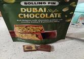 ROLLING PIN TM DUBAI Style CHOCOLATE Rich Belgian milk chocolate pralines with crunchy kadayif & pistachio filling LIVE NET WT 3.53 OZ (100g) R-P