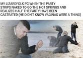 MY LIZARDFOLK PC WHEN THE PARTY STRIPS NAKED TO GO THE HOT SPRINGS AND REALIZES HALF THE PARTY HAVE BEEN CASTRATED (HE DIDN'T KNOW VAGINAS WERE A THING) imgflip.com
