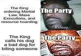 X The King ordering Martial The Party Law, Mass Executions, and resource hoarding i sleep The King calls his dog a bad dog for biting someone The Party real s--- imgflip.com