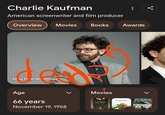 Charlie Kaufman American screenwriter and film producer Overview M ke Pt/Wielmage Movies Books Awards Age 66 years November 19, 1958 Movies Jutaptation. SYNECDOC NEW YORKD