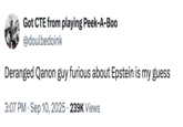 Got CTE from playing Peek-A-Boo @doulbedoink Deranged Qanon guy furious about Epstein is my guess • 3:07 PM Sep 10, 2025 239K Views