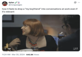 X user @morgueages tweeted, "how it feels to drop a "my boyfriend" into conversations at work even if it's relevant," gathering over 16,000 likes in a year. 