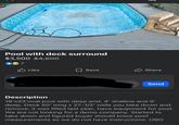 Pool with deck surround $3,500 $4,500 7 Like Save Share Send Description 18'x33'oval pool with deep end, 4' shallow and 6' deep. Deck 50' long x 27-1/2' wide you take down and remove, it was filled last year, have equipment for pool. We are not looking for a demo company. Started to take down and figured buyer should know pool measurements as we do not have instructions. OBO