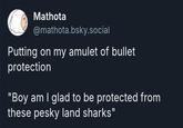 Mathota @mathota.bsky.social Putting on my amulet of bullet protection "Boy am I glad to be protected from these pesky land sharks"