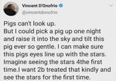 Vincent D'Onofrio ✔ @vincentdonofrio Pigs can't look up. But I could pick a pig up one night and raise it into the sky and tilt this pig ever so gentle. I can make sure this pigs eyes line up with the stars. Imagine seeing the stars 4the first time.I want 2b treated that kindly and see the stars for the first time.