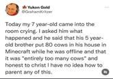 Yukon Gold @GrahamKritzer Today my 7 year-old came into the room crying. I asked him what happened and he said that his 5 year- old brother put 80 cows in his house in Minecraft while he was offline and that it was "entirely too many cows" and honest to christ I have no idea how to parent any of this.
