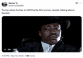 A "tweet":https://knowyourmeme.com/memes/sites/twitter-x joking about the assassination of Charlie Kirk being a "false flag":https://knowyourmeme.com/memes/false-flag-conspiracies operation, in order to distract the American public from "Donald Trump's":https://knowyourmeme.com/memes/people/donald-trump  connection to "Jeffrey Epstein":https://knowyourmeme.com/memes/events/jeffrey-epstein-sex-trafficking-case, related to then-recent release of the "Epstein's 50th Birthday Book":https://knowyourmeme.com/memes/events/jeffrey-epsteins-50th-birthday-book-donald-trumps-wonderful-secret-drawing. The tweet uses the "Wesley Snipes Crying":https://knowyourmeme.com/memes/wesley-snipes-crying "GIF":https://knowyourmeme.com/memes/cultures/gif.