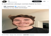 X user @zxxume quoted Jschlatt's September 10th, 2025, tweet announcing his birthday, writing, "it somehow always comes back to him," and gathering over 14,000 likes in a day. The tweet links Jschlatt to the death of conservative political commentator Charlie Kirk, who was killed at an event at Utah Valley University on the same day.