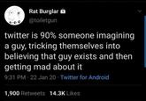 Rat Burglar @toiletgun twitter is 90% someone imagining a guy, tricking themselves into believing that guy exists and then getting mad about it 9:31 PM - 22 Jan 20 Twitter for Android 1,900 Retweets 14.3K Likes