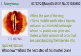 : Anonymous 212 KB PNG rapid extinction 07/22/24(Mon)05:49:37 No.201585882 >Wins the war of the ring >Turns middle earth into a barren volcanic orc infested hellscape where no plants can grow and theres a finite amount of orcs that are cannibalizing themselves into What now? Whats the next step of his master plan?