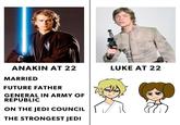 ANAKIN AT 22 MARRIED FUTURE FATHER GENERAL IN ARMY OF REPUBLIC ON THE JEDI COUNCIL THE STRONGEST JEDI LUKE AT 22