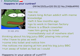 : Anonymous Happens in your cuntree? 31 KB JPG 09/14/25(Sun)20:35:22 No.214864990 >be me > years long 4chan addict with meme knowledge >left it few months ago >go to work in German factory >there is a Black coworker >see him going to toilet >immediately out of nowhere start thinking about his big juicy BBC pissing into urinal >tfw I have to piss as well >come into toilet and notice him >he notices me staring at him and his big juicy BBC >run away of toilet as fast as i could Happens in your piece of c---???