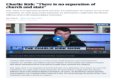 Charlie Kirk: "There is no separation of church and state" Kirk: "There is no separation of church and state. It's a fabrication. It's a fiction. It's not in the Constitution. It's made up by secular humanists. It's derived from a single letter that Thomas Jefferson wrote to the Danbury Baptist Convention." WRITTEN BY MEDIA MATTERS STAFF PUBLISHED 07/06/22 2:42 PM EDT LIVE REAL VOICE AMERICA'S THE CHARLIE KIRK SHOW 00:00 From the July 6, 2022, edition of The Charlie Kirk Show, streamed on YouTube 04:03 MMFA CHARLIE KIRK SHOW CHARLIE KIRK (HOST): Well, it's so sick, because South American and Central American countries are, actually, very religious and very Catholic. So they're going into religious countries with almost missionary fervor to go and try to make these countries less religious. And, again, there is no separation of church and state. It's a fabrication. It's a fiction. It's not in the Constitution. It's made up by secular humanists. It's derived from a single letter that Thomas Jefferson wrote to the Danbury Baptist Convention. Of course, we should have church and state mixed together. Our Founding Fathers believed in that. We can go through the details of that. They established, literally, a church in Congress.