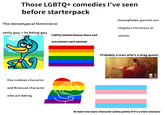 Those LGBTQ+ comedies I've seen before starterpack The stereotypical feminine or Homophobic parents are religious Christians or zesty guy = to being gay LGBTQ-related themes there and Jewish everywhere each episode One Lesbian character and Bisexual character who are dating Probably a man who's a drag queen. SO 20 22 At least one trans character (extra points if it's a trans woman)