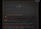 Tel X "Debate Winner" This item has been renamed. Original name: "Classic" Team Fortress 2 Strange Sniper Rifle - Kills: 56 Charge and fire shots independent of zoom No headshots when not fully charged -10% damage on body shot "Beating and shutting "Master Debaters" up since September 10th, 2025!"
