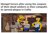 Mongol forces after using the corpses of their dead soldiers in their catapults to spread plague in Caffa: Biological It's called U Warfare darling.