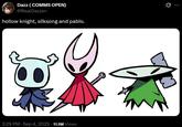 A piece of fan art by RealDazzen. The art shows The Knight, Hornet and a made up Hollow Knight character, Pablo.