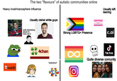 The two "flavours" of autistic communities online Heavy incel/manosphere influence Usually cishet white guys reddit quite depressing places to hang out in 4chan "autismbux" Usually left leaning Strong LGBTQ+ Presence c.ai Ժ 8 TikTok Quite diverse comunity