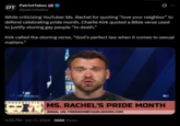PT PatriotTakes @patriottakes Ø... While criticizing YouTuber Ms. Rachel for quoting “love your neighbor" to defend celebrating pride month, Charlie Kirk quoted a Bible verse used to justify stoning gay people "to death.” Kirk called the stoning verse, “God's perfect law when it comes to sexual matters." THOUGHTCRIME CHARLIE KIRK & JACK POSOBIEC MS. RACHEL'S PRIDE MONTH EMAIL US: FREEDOM@CHARLIEKIRK.COM 4:55 PM ⚫ Jun 11, 2024 - 366K Views