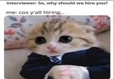 interviewer: So, why should we hire you? me: cos y'all hiring..