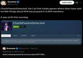 A screenshot of the "Steam":https://knowyourmeme.com/memes/sites/steam group CharlieTweetsDetected in a tweet from X / Twitter user Grummz.