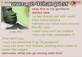 Anonymer 2514:23:48 No 3223 078 average 4chan post 5 KB JPG they don't pay okay this is my gorillions dollars idea >a taxi brand, but with work from home drivers >drivers can drive taxis around like RC cars >your cars can't be robbed >you can trap passengers if >you can advertise it as "Al powered" >you can even hire Indians working from India to lower the wages seriously, what can go wrong with this?