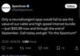 Spectrum Spectrum ✔ @GetSpectrum Follow r/totallyrealtweets Only a neurodivergent spaz would fail to see the value of our cable and high speed internet bundle ―just $55.99 now and through the end of September. Call today and get "On the Spectrum!" 12:30-9/16/25 1.5M Views 2.8K 1 5.8K 62K ☐ 1K Most relevant replies