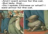 -And I want armor for the cat. -But lady, that... -Do I speak Chinese or what? I said armor for the cat.