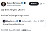 A "tweet":https://knowyourmeme.com/memes/sites/twitter-x about "Jimmy Kimmel":https://knowyourmeme.com/memes/people/jimmy-kimmel being pulled indefinitely from ABC in September 2025, following his comments about the "death of Charlie Kirk":https://knowyourmeme.com/memes/events/charlie-kirk-shooting-at-utah-valley-university and about the suspected shooter, "Tyler Robinson":https://knowyourmeme.com/memes/people/tyler-robinson-suspected-charlie-kirk-shooter.