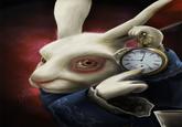 The original digital artwork of White Rabbit, from _Alice in Wonderland_, pointing at a clock, which was created by "DeviantArt":https://knowyourmeme.com/memes/sites/deviantart artist Luz Tapia sometime in 2012.