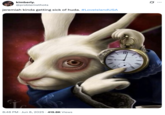 A "meme":https://knowyourmeme.com/memes/memes using the White Rabbit Pointing at a Clock artwork, sourced from a viral "tweet":https://knowyourmeme.com/memes/sites/twitter-x about "_Love Island_":https://knowyourmeme.com/memes/subcultures/love-island.