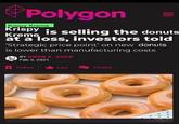 Polygon Krispy Kreme = Krispy is selling the donuts Kreme at a loss, investors told 'Strategic price point' on new donuts is lower than manufacturing costs BY OWEN S. GOOD Feb 3, 2021 Follow Like Thread