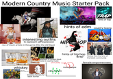 Modern Country Music Starter Pack COWBOY CARTER TRAP hints of trap hints of edm Erou interesting outfits to represent self-expression rise of black artists in the genre (like the old days) HIP HOP whiskey "this aint REAL COUNTRY!" country twang attempts to reclaim black roots in country music OUTLIERS hints of hip hop &rap history thru the lens of the black community female empowerment breaking barriers for black women white people black people