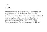 When I lived in Germany I wanted to buy cinnamon. I didn't know the German word for cinnamon so I stood in the spice aisle and sniffed each container, starting with "A". The German word for cinnamon is Zimt.