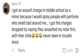 cece I got an assault charge in middle school as a minor because I would spray people with perfume who smelt bad around me... I got the charges dropped by saying they assaulted my nose first, with their stink never been in trouble since 1d Reply 5,825