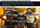 Context: Space Marines in WHF (hypothetical) Then what? You've still got to deal with a few hundred thousand giants that will punch holes through you. Space Marines in WHF: Average Usabti Average Ogre Bull Average Space Marine Original photo featuring Wit Chamberlain, Arnold Schwarzenegger and Andre the giant Usabti art by Eric Polak Space marine by Dan Farin Ogre Bull by Jaco Herbst