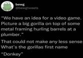 bewg @bewgtweets "We have an idea for a video game. Picture a big gorilla on top of some metal framing hurling barrels at a plumber." That could not make any less sense. What's the gorillas first name "Donkey"