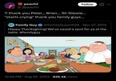peachii @_Opeachii Follow T-thank you Peter... Brian... St-Stewie... *starts crying* thank you family guys... FAMBR GUY Family Guy ✶ @FamilyGuyon FOX Nov 27, 2014 • Happy Thanksgiving! We've saved a spot for ya at the table. #familyguy 013 • • 12:46 PM ⚫ Aug 26, 2024 826.4K Views