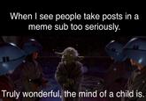 When I see people take posts in a meme sub too seriously. Truly wonderful, the mind of a child is.