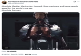 X user @IHATESANRIO posted a clip showing a cyborg, writing, "Absolute Martian Manhunter: fuuuuck i love mexicans and trans people aaaahhh the sun is in my eye / Absolute Batman:"
