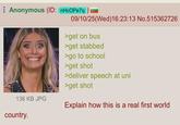 Anonymous (ID: nHcOPe7q) 136 KB JPG 09/10/25(Wed)16:23:13 No.515362726 >get on bus >get stabbed >go to school >get shot >deliver speech at uni >get shot Explain how this is a real first world country.