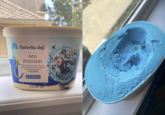favorite day sea monster Blue colored vanilla-flavored ice cream with a cookie swirl and cookie dough pieces ARTIFICIAL FLAVOR ADDED ICE CREAM 1.5 QT (1.421) OD KEEP FROZEN SERVING SUGGESTION