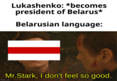Lukashenko: *becomes president of Belarus* Belarusian language: Mr.Stark, I don't feel so good. imgflip.com