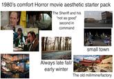 1980's comfort Horror movie aesthetic starter pack COLONE The Sheriff and his "not as good" second in command 33 TOURNAMENT PLAY OY ALE VOUS LOLD TOWN ALE HOUSE $119 Always late fall/ early winter small town ARGO The old mill/mine/factory