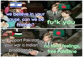 ✡ we believe in your cause, can we be friends? u/acutepalepanda fu*k you we support Pakistan, your war is Indian no hard feelings, propaganda free Palestine