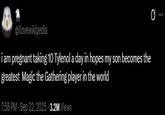 A tweet reading, "i am pregnant taking 10 Tylenol a day in hopes my son becomes the greatest  Magic the Gathering player in the world."